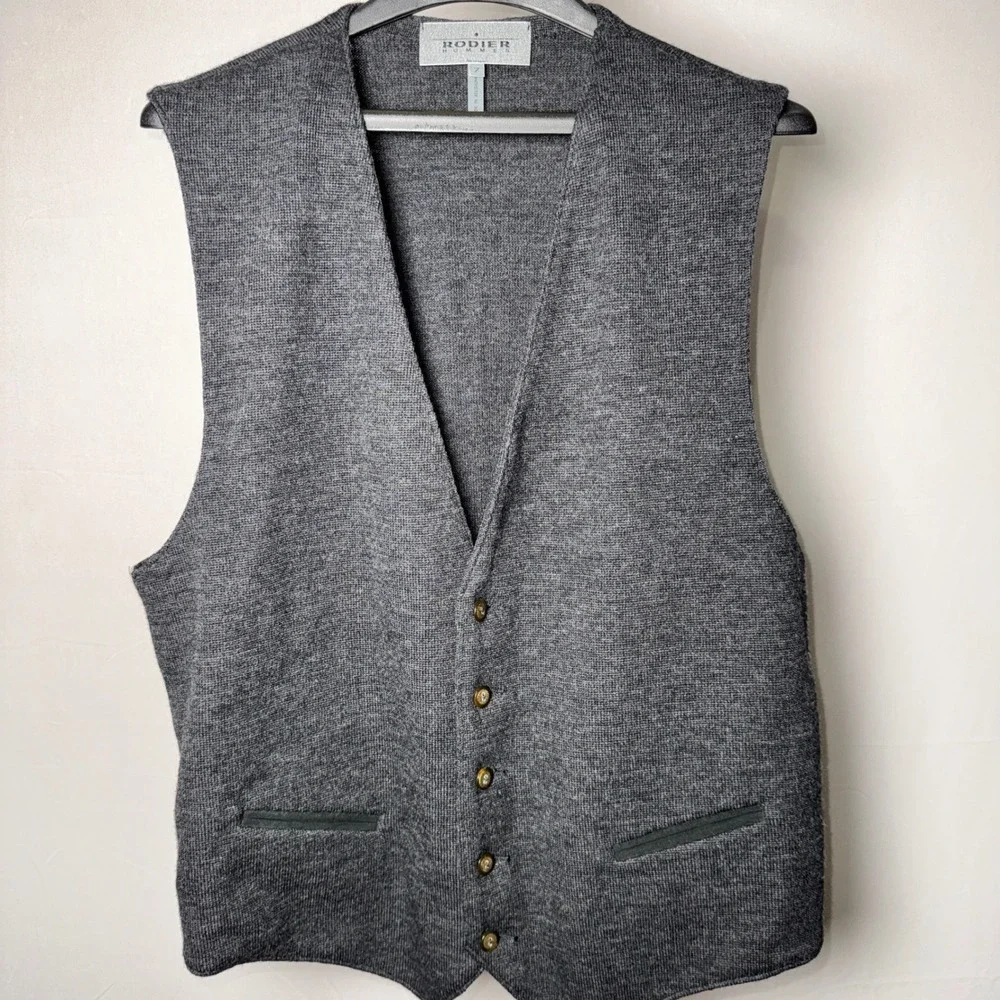 Rodier Hommes Mens Wool Knit Vest Gray Button Front Made in Belgium Size 7 L/XL